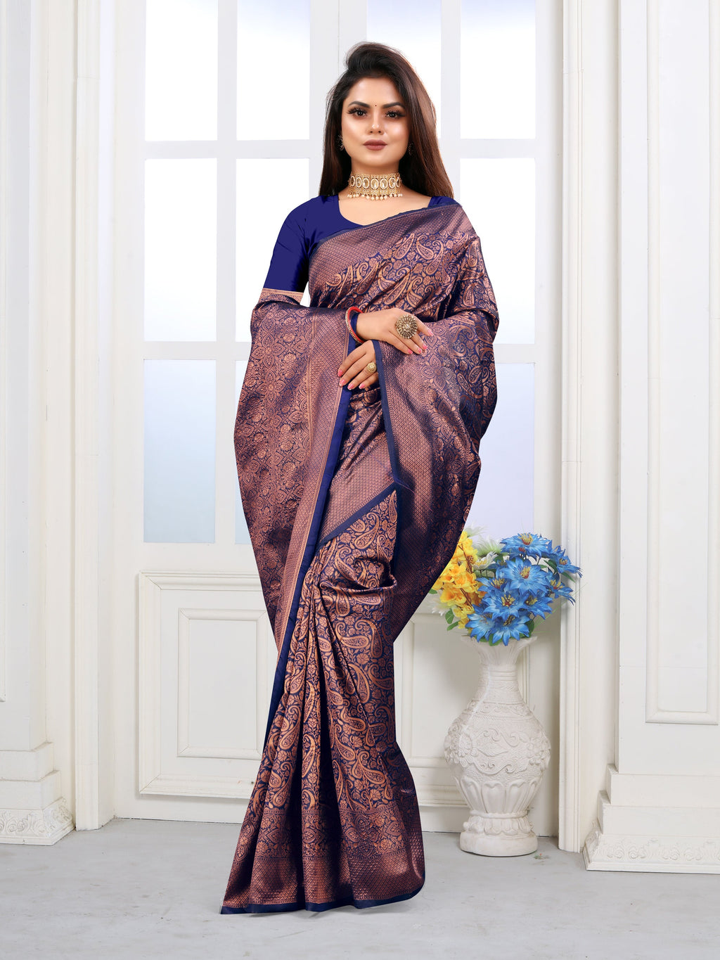 Vedant Vastram Litchi Silk Designer Banarasi Saree - Navy | Grocsy
