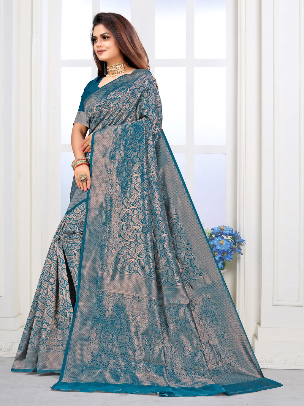 Vedant Vastram Litchi Silk Designer Banarasi Saree - Rama | Grocsy