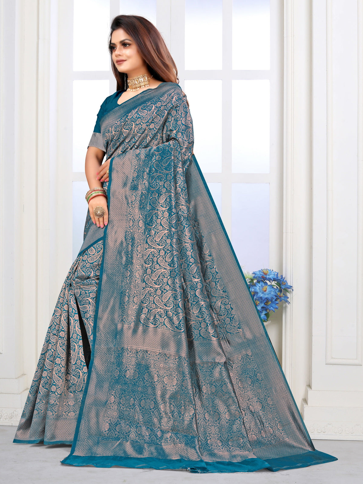 Vedant Vastram Litchi Silk Designer Banarasi Saree - Rama | Grocsy