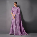 Purple Lycra Raw Silk Sequins Embroidery, Applique Work Saree - Norita Eileen | Grocsy