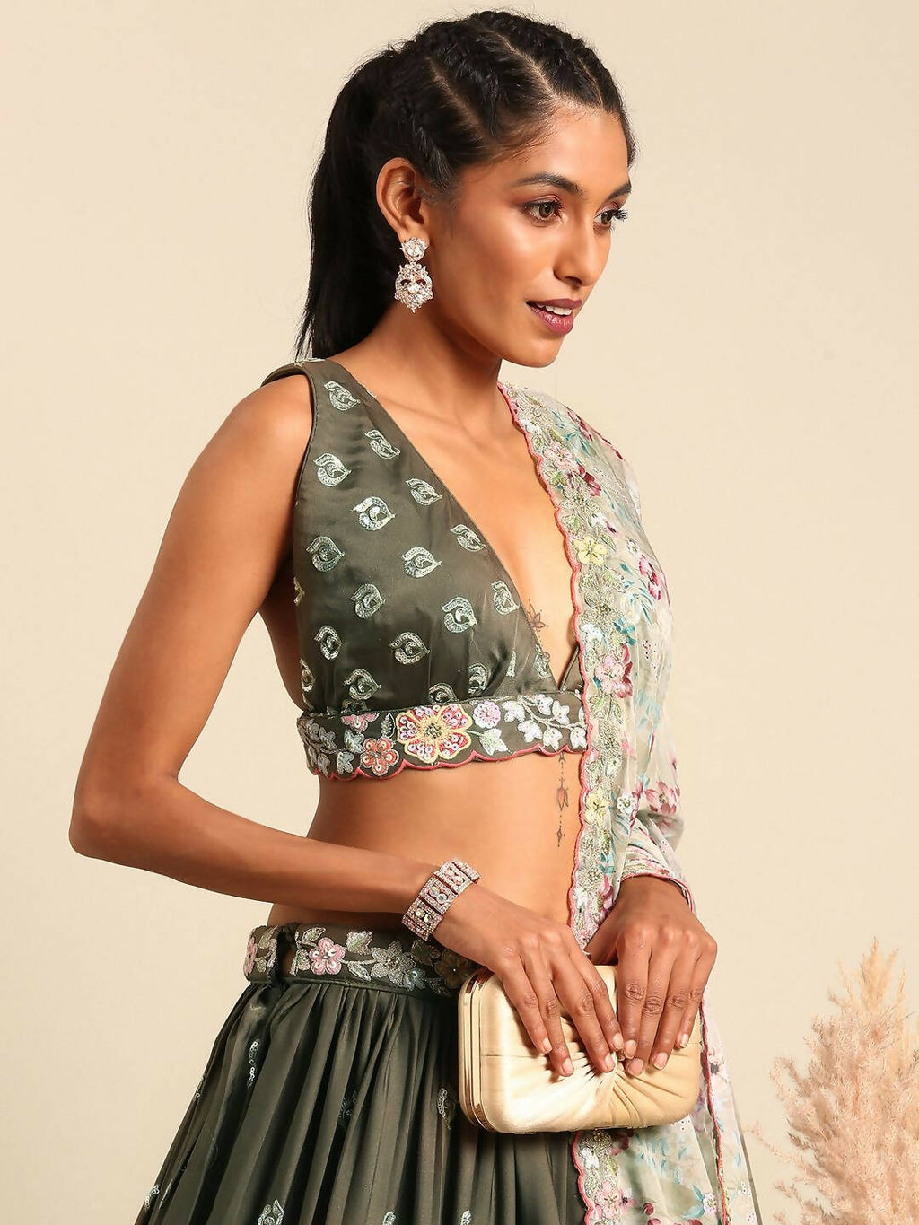 House of Panchhi Olive Chinon Sequins embroidery Lehenga choli & Dupatta | Grocsy