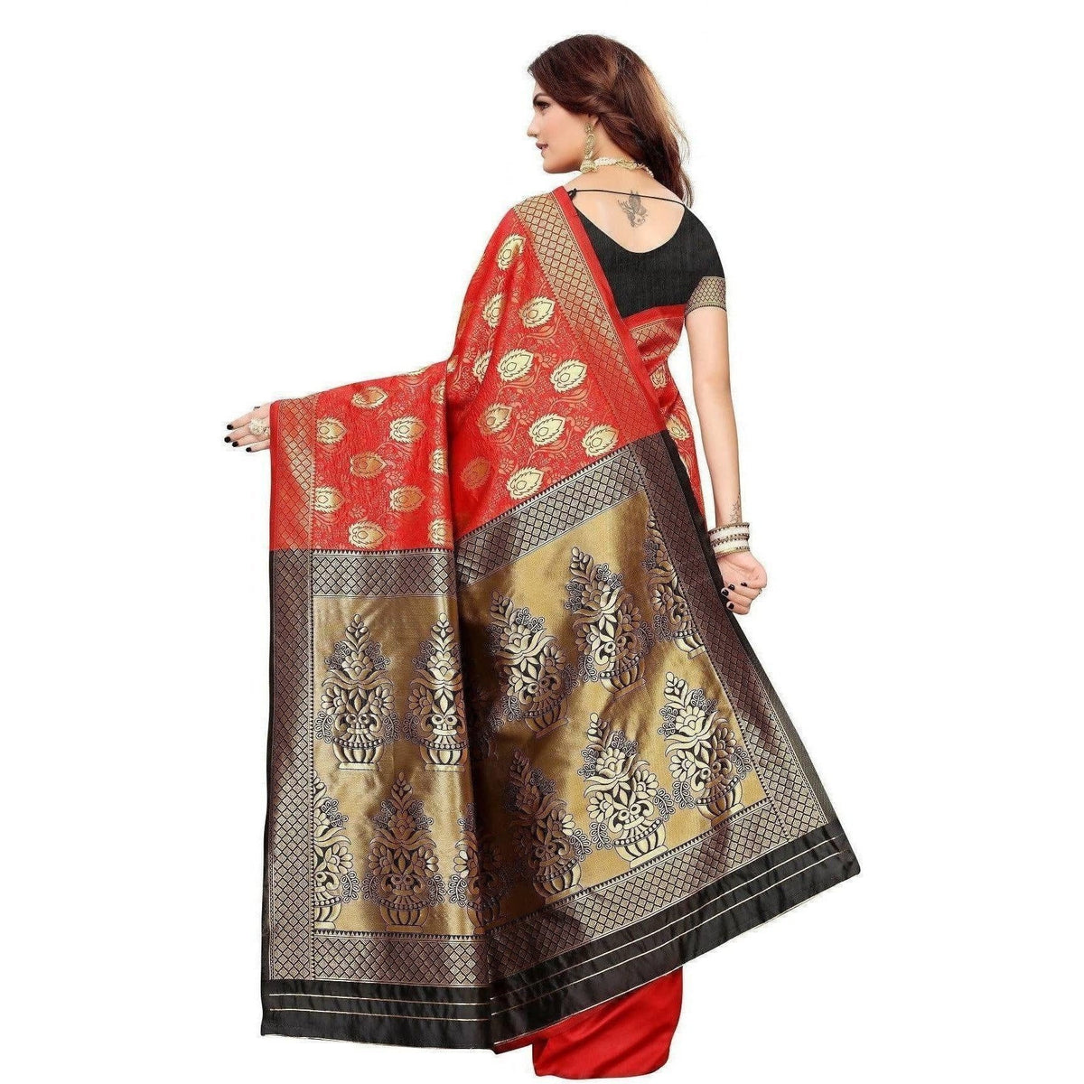 Vamika Banarasi Jaquard Red Weaving Saree (BANARASI 05) | Grocsy