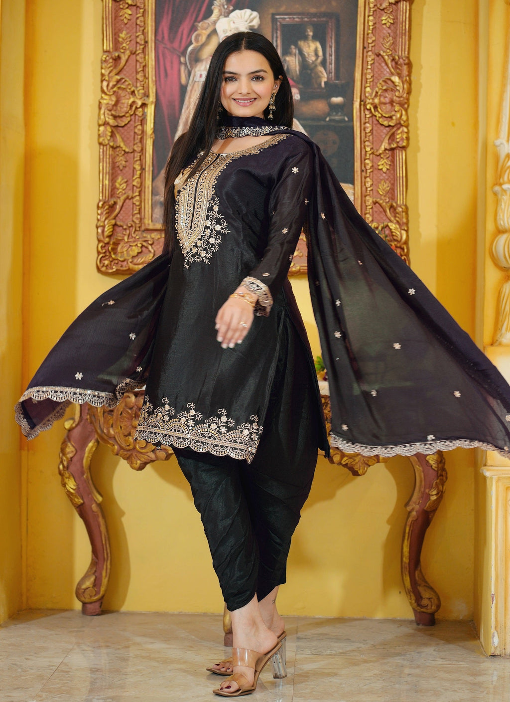 Lehenga Mart Designer Chinon Dhoti Suit With Sequence Embroidered Work - Black | Grocsy