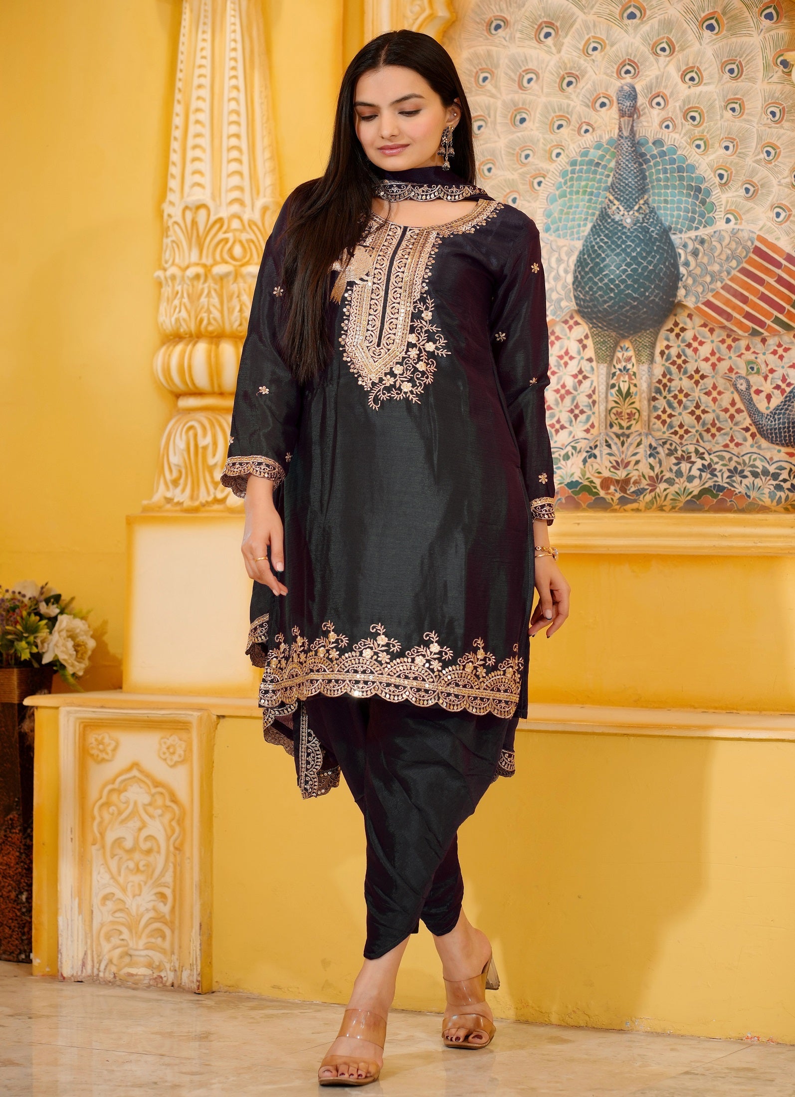 Lehenga Mart Designer Chinon Dhoti Suit With Sequence Embroidered Work - Black | Grocsy