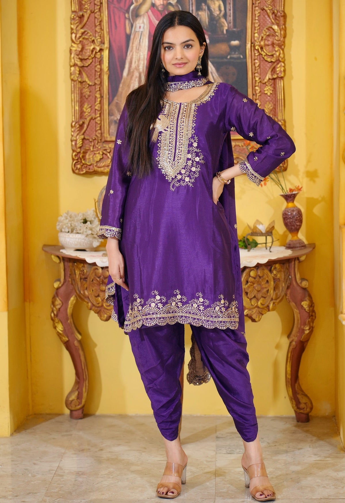 Lehenga Mart Designer Chinon Dhoti Suit With Sequence Embroidered Work - Purple | Grocsy