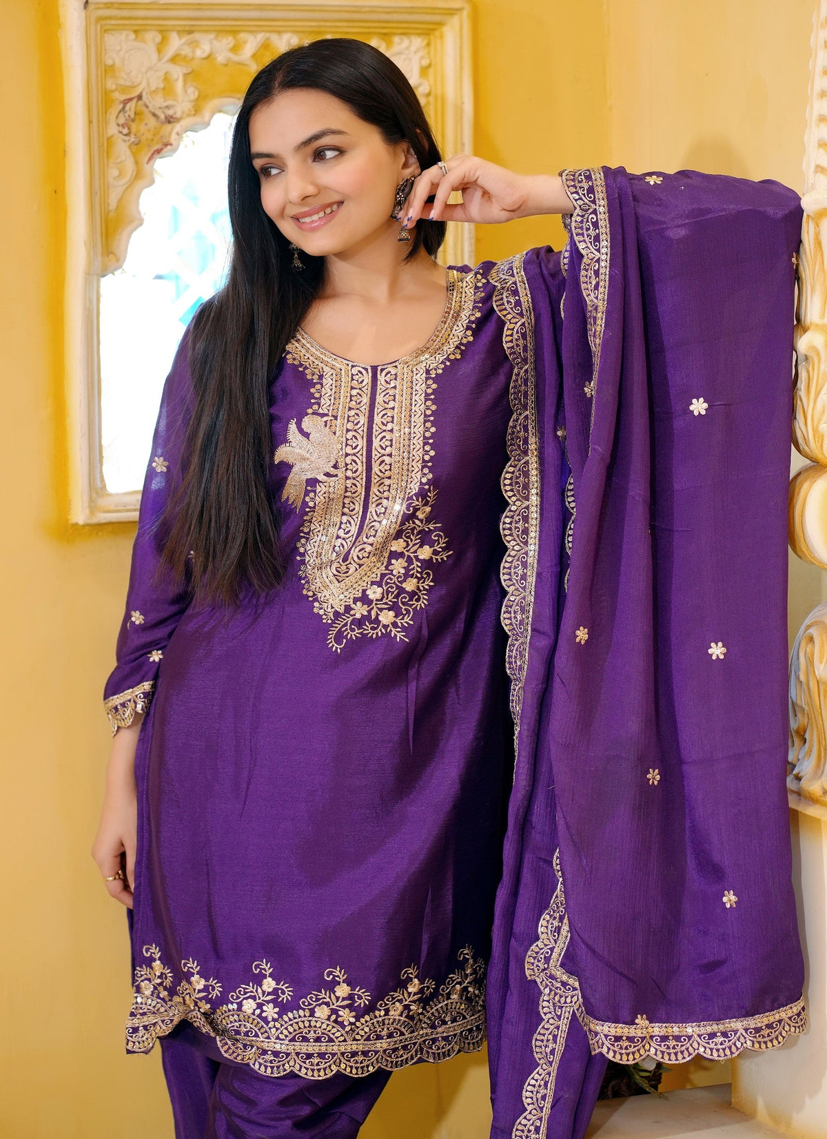 Lehenga Mart Designer Chinon Dhoti Suit With Sequence Embroidered Work - Purple | Grocsy