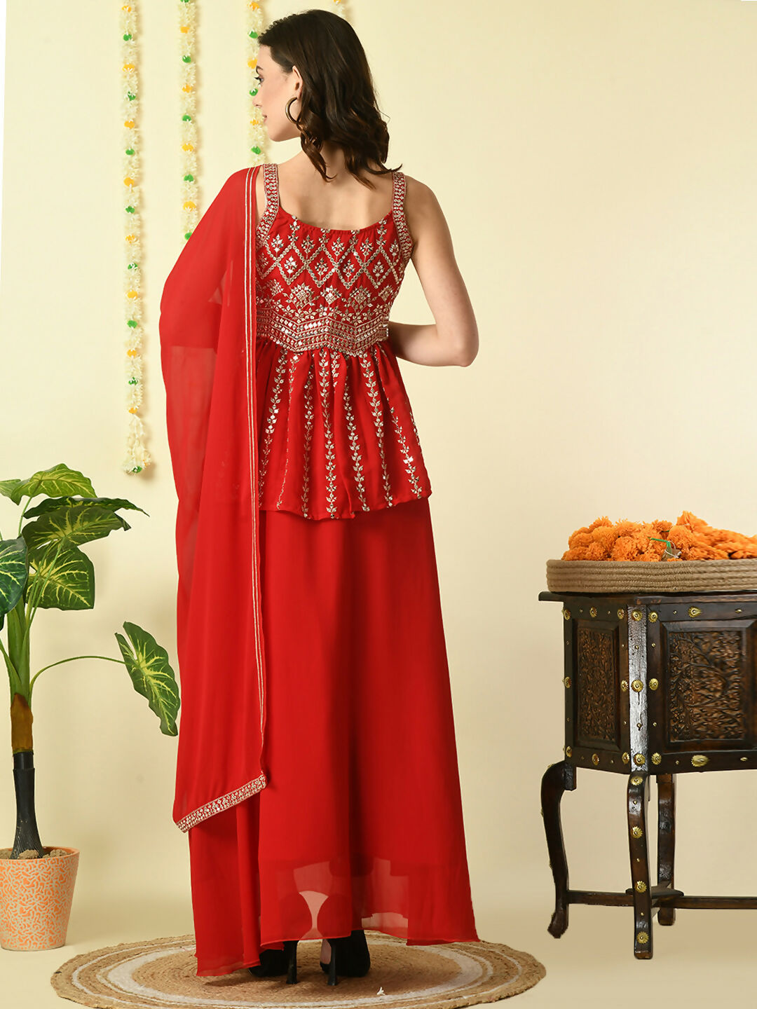 Myshka Women's Red Georgette Top & Skirt With Dupatta Party Sets | Grocsy