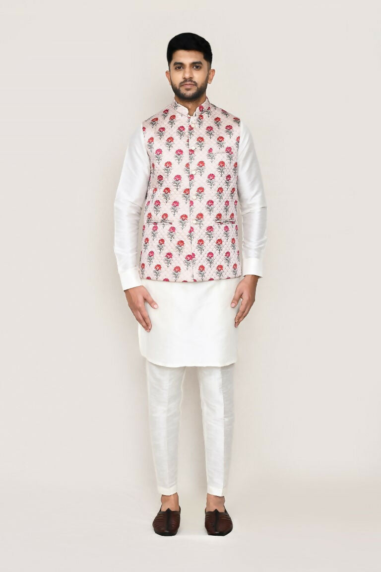 Joban Fashion White Colored Art Silk Fabric Kurta, Jacket With Straight Fit Pant | Grocsy