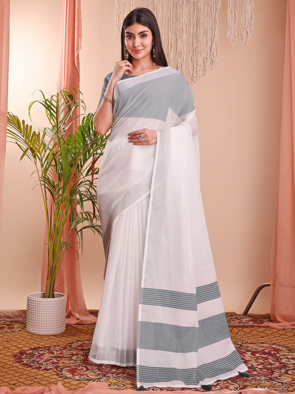 Shree Shyam Fashion The White Loom White Linen Cotton Saree | Grocsy