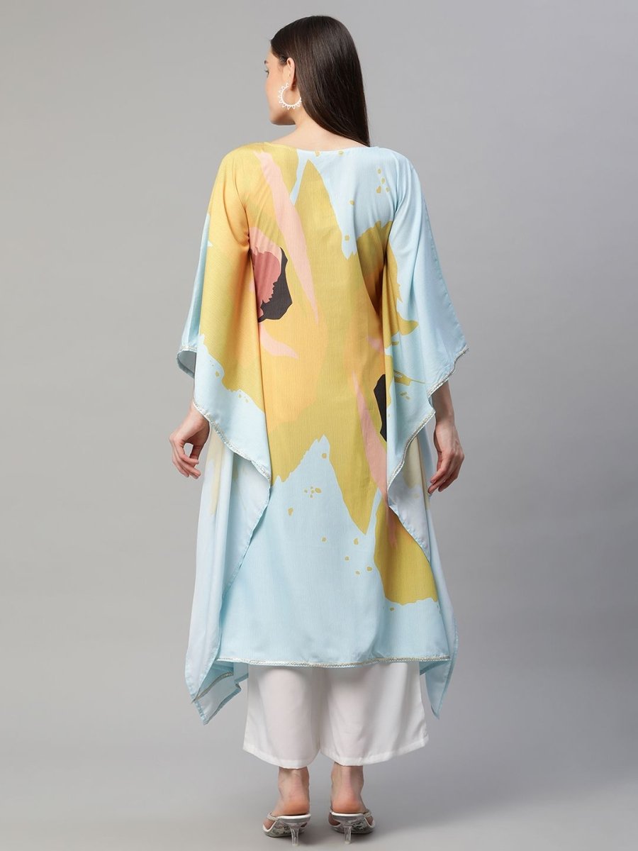 Ahalyaa Women Yellow Crepe Digital Printed Kaftan Kurta with Palazzos | Grocsy