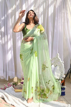 Exclusive Collection Beautiful Light Green Pure Cotton Hand Print Handloom Saree With Running Blouse Piece | Grocsy