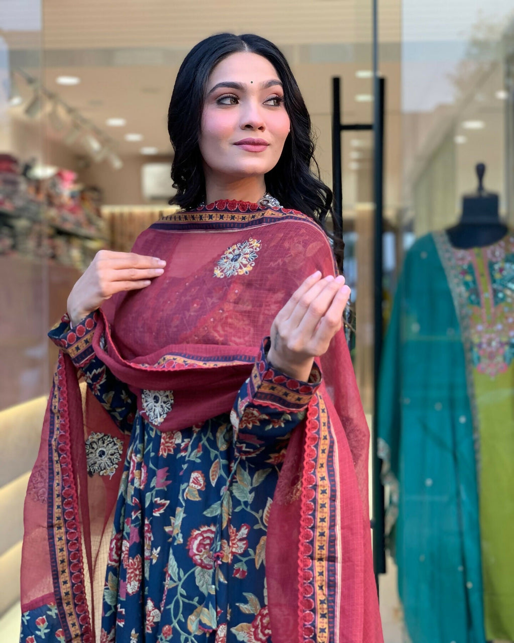 The52 Women's Beautiful Cotton Fabric Printed Work Flared Kurta Palazzo and Dupatta Set | Grocsy