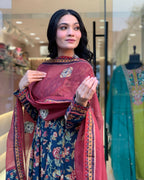 The52 Women's Beautiful Cotton Fabric Printed Work Flared Kurta Palazzo and Dupatta Set | Grocsy