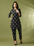 Myshka Women's Black Printed Cotton Round Neck Party Tunic With Trousers Co-ord set | Grocsy