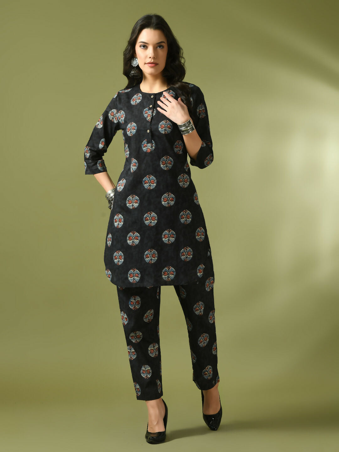 Myshka Women's Black Printed Cotton Round Neck Party Tunic With Trousers Co-ord set | Grocsy