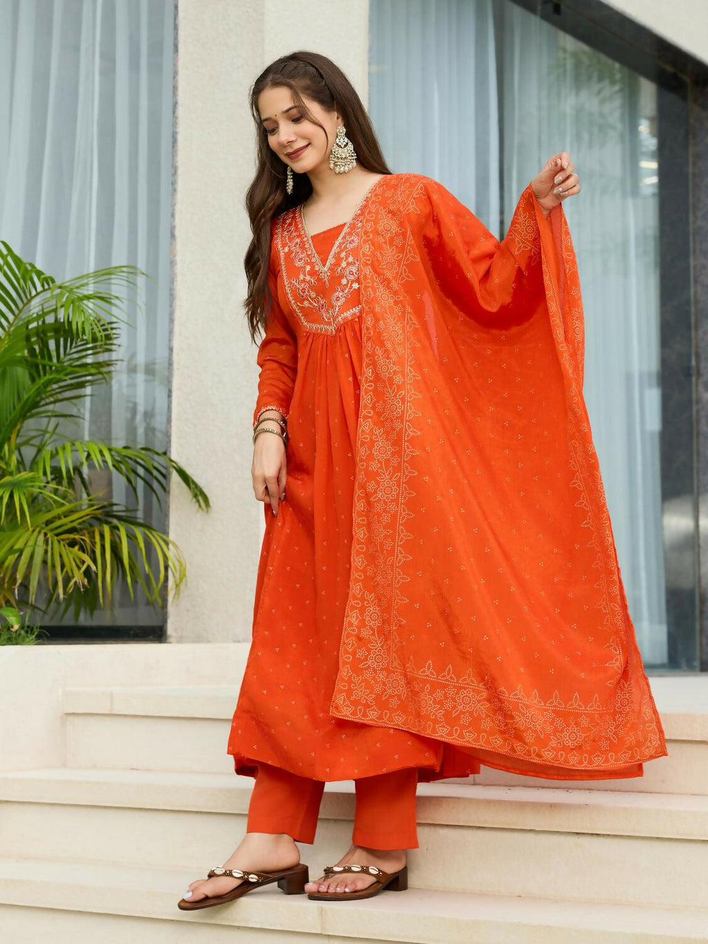 The52 Orange Women's Gorgeous Embroidered Chinon Fabric Flared Kurta Pant and Dupatta Set | Grocsy