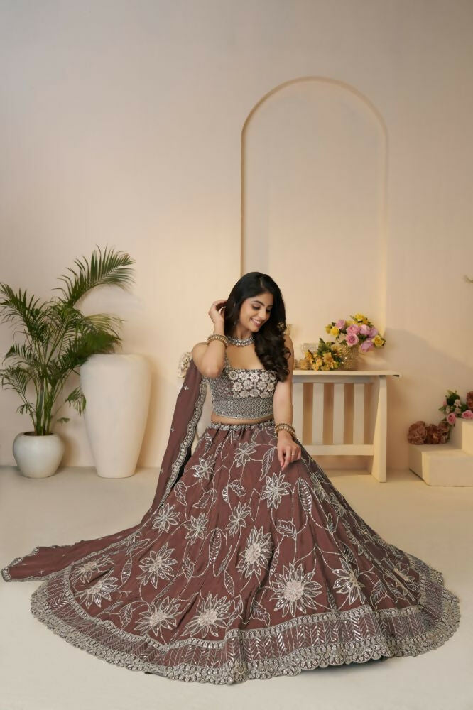 Kesar Fab Dark-Onion-Pink Silk Embroidered Lehenga | Grocsy