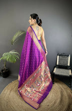 Joban Fashion Purple Butti Woven Soft Lichi Silk Paithani Saree | Grocsy