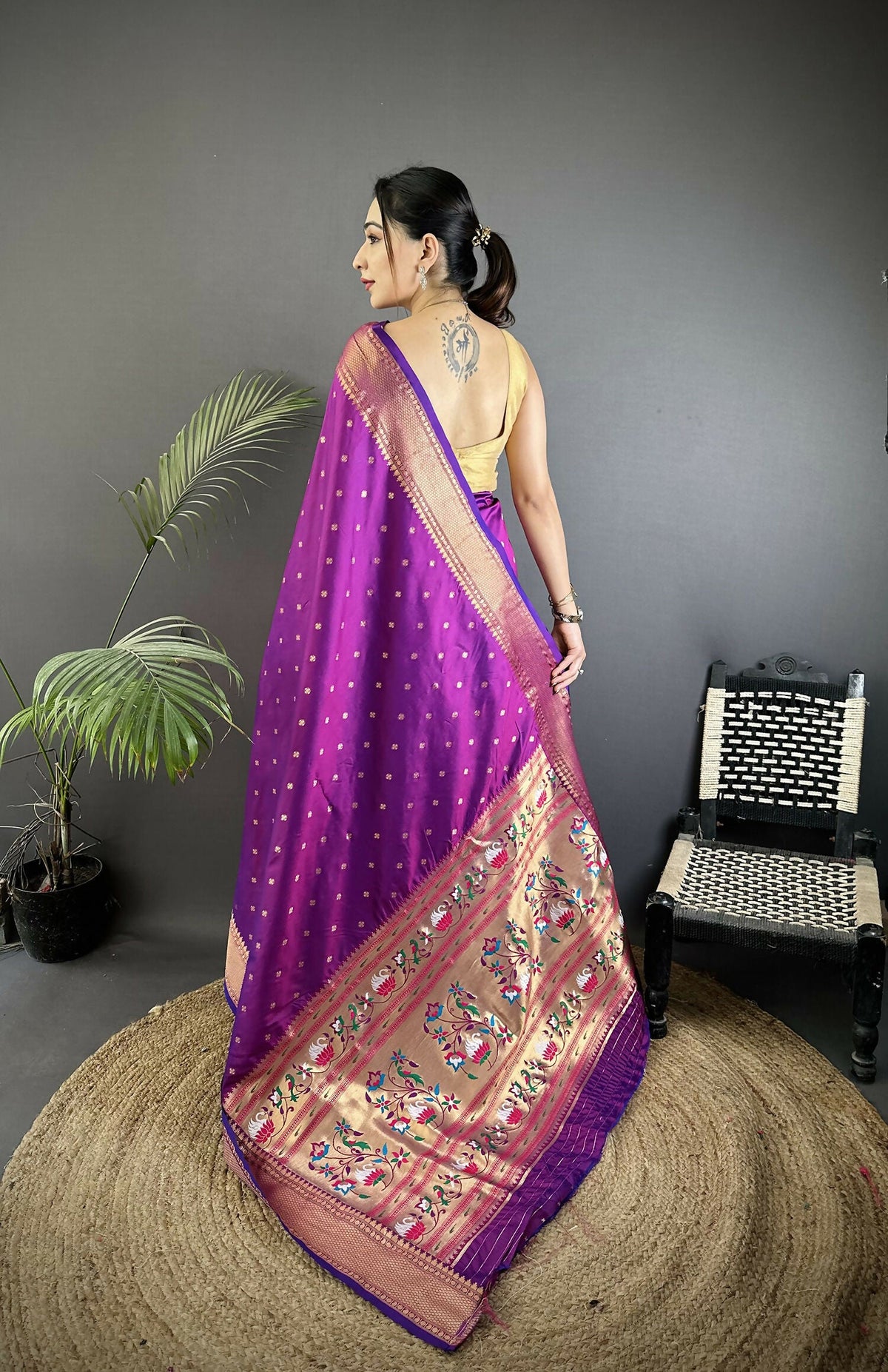 Joban Fashion Purple Butti Woven Soft Lichi Silk Paithani Saree | Grocsy