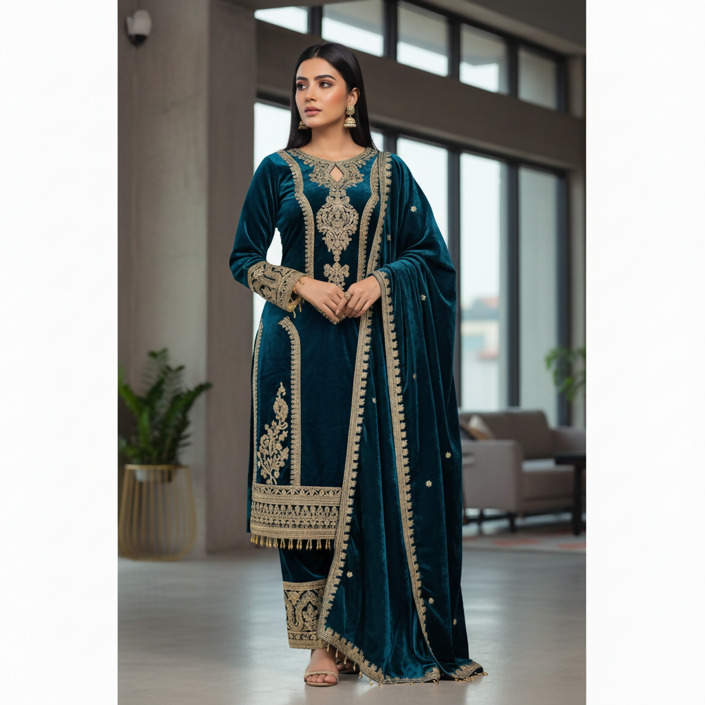 Joban Fashion Teal Velvet Embroidery Sequence Work Readymade Kurta Set | Grocsy