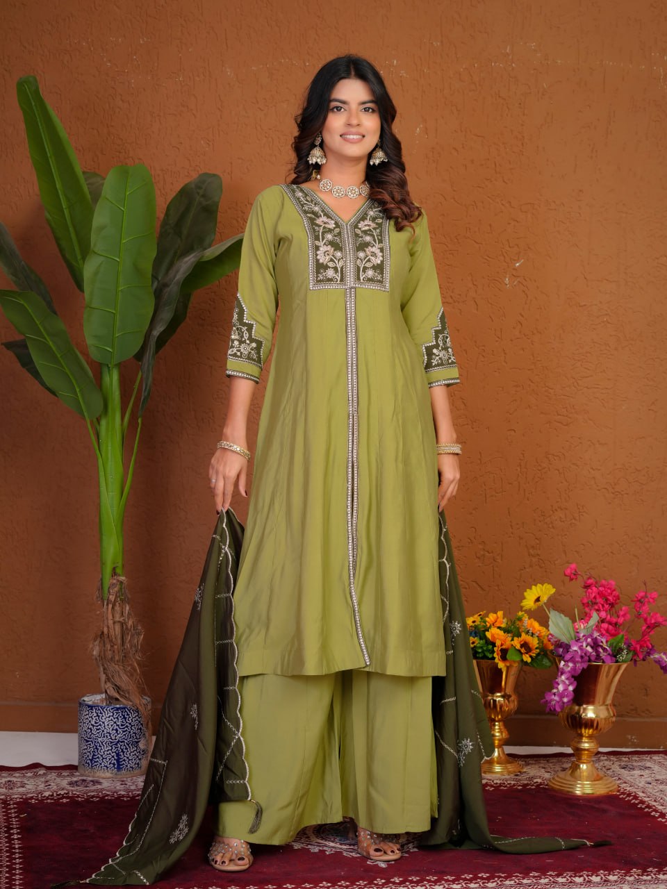 Lehenga Mart Designer Anarkali Suit With Kurta Palazzo Dupatta For Women-Olive Green | Grocsy