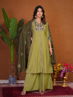 Lehenga Mart Designer Anarkali Suit With Kurta Palazzo Dupatta For Women-Olive Green | Grocsy