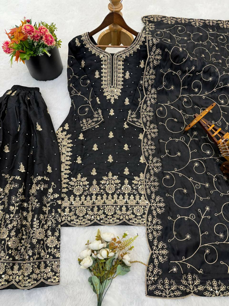 Teeya Creation Girls Heavy Embroidery Black Ethnic Kurta And Palazzo Set With Net Dupatta | Grocsy