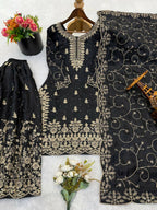 Teeya Creation Girls Heavy Embroidery Black Ethnic Kurta And Palazzo Set With Net Dupatta | Grocsy