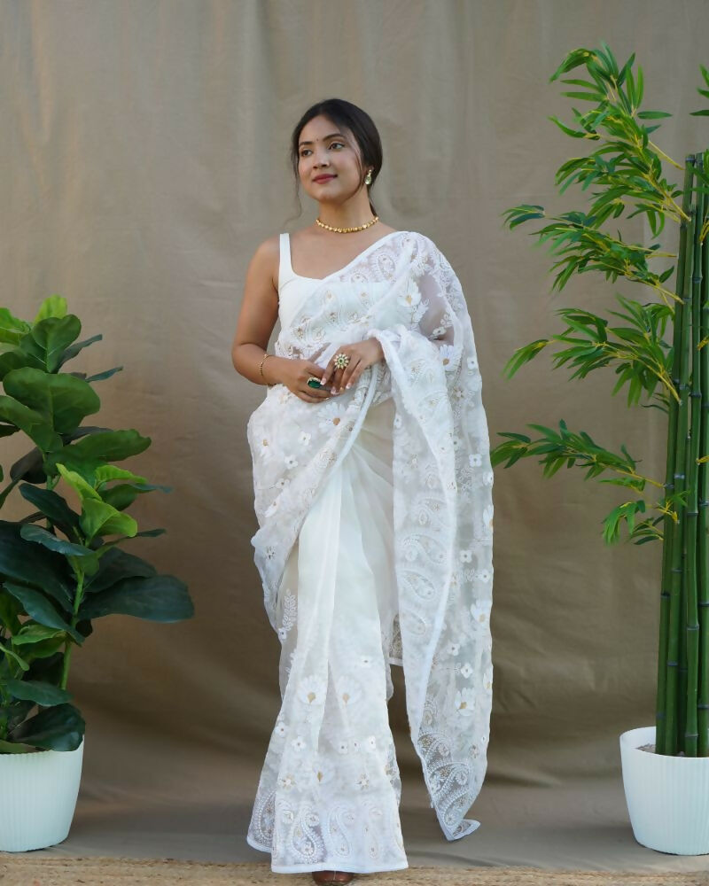 Vamsee Amisha White Organza Saree | Grocsy