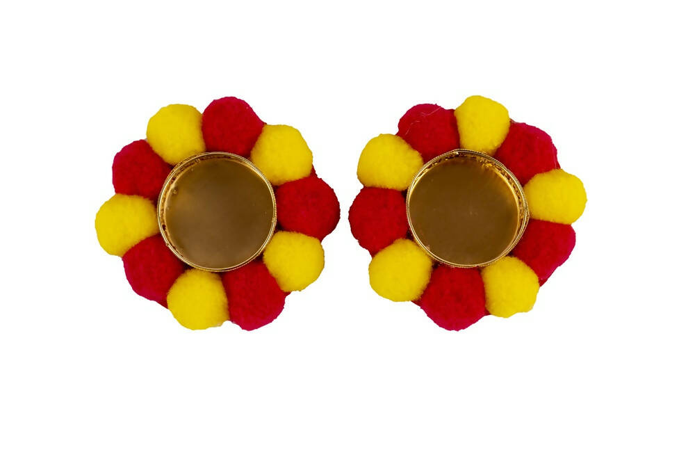 Kundan HandiKrafts Designer Floating Multi Coloured Pom Pom Candle Holders | Grocsy