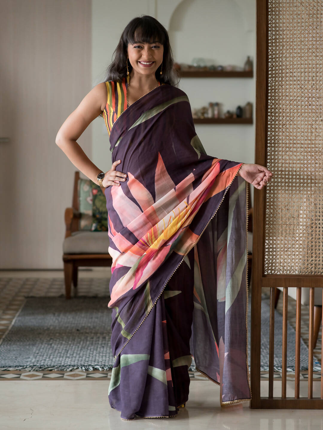 Suta Purple Floral Pure Cotton Saree | Grocsy