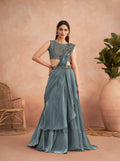 Blue Satin Embroidered Ready To Wear Saree With Unstitched Blouse Piece - Nandika | Grocsy