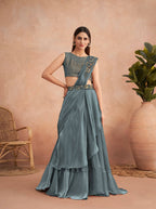 Blue Satin Embroidered Ready To Wear Saree With Unstitched Blouse Piece - Nandika | Grocsy