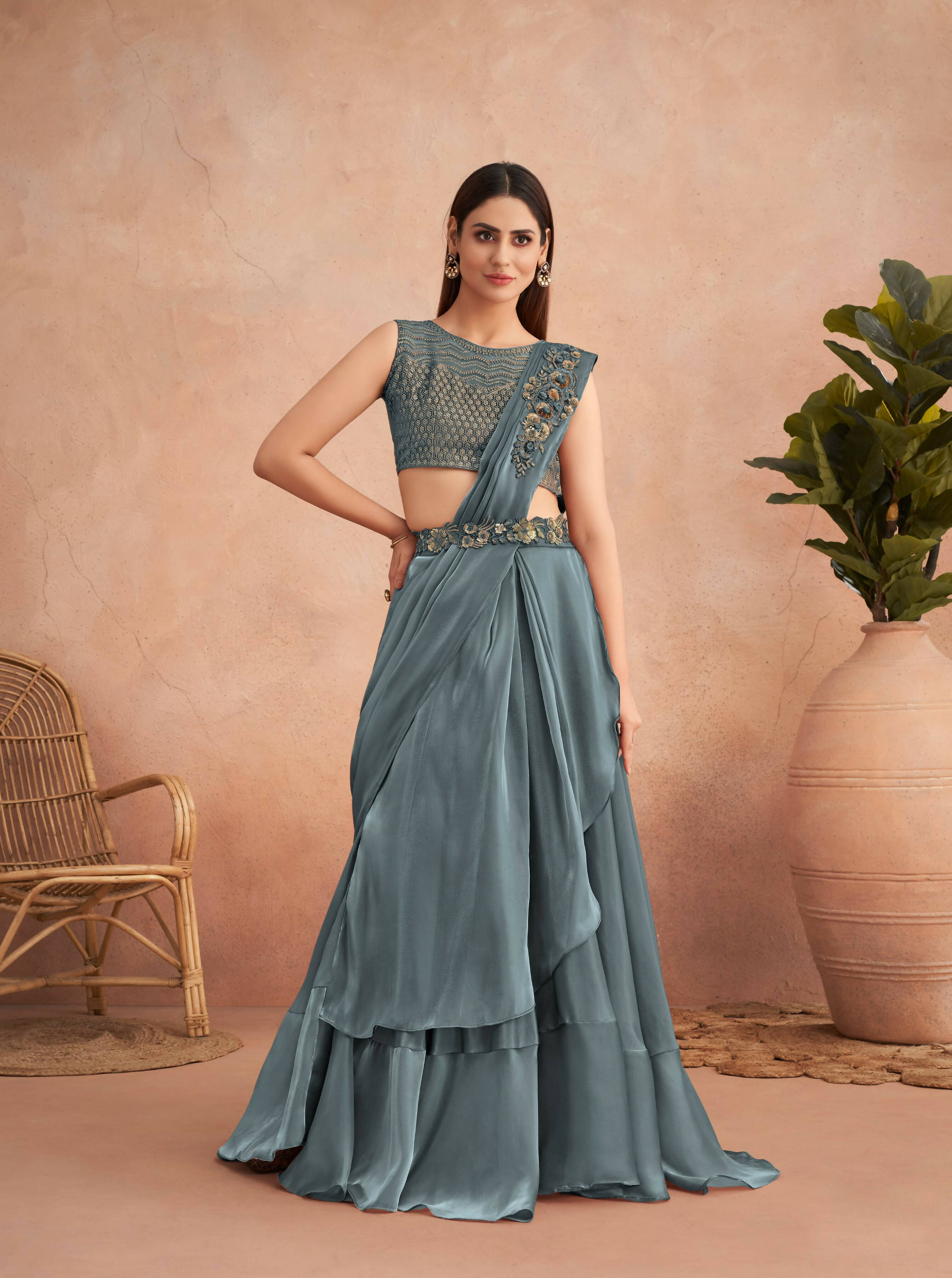 Blue Satin Embroidered Ready To Wear Saree With Unstitched Blouse Piece - Nandika | Grocsy