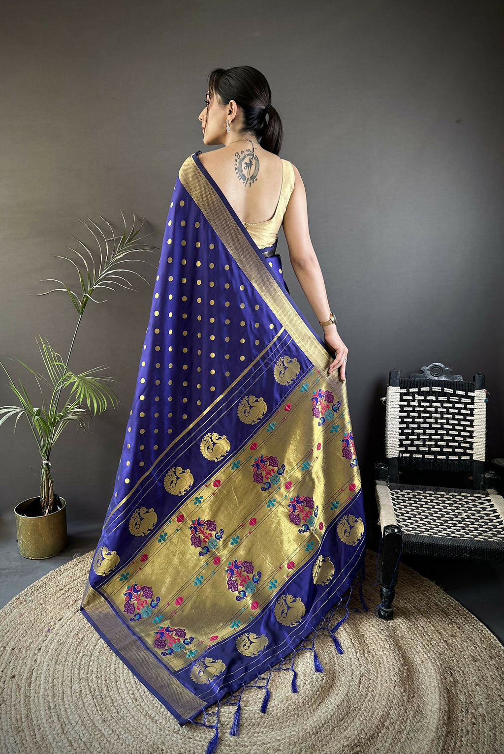 Joban Fashion Royal Blue Polka Dot Lichi Silk Paithani Silk Saree | Grocsy