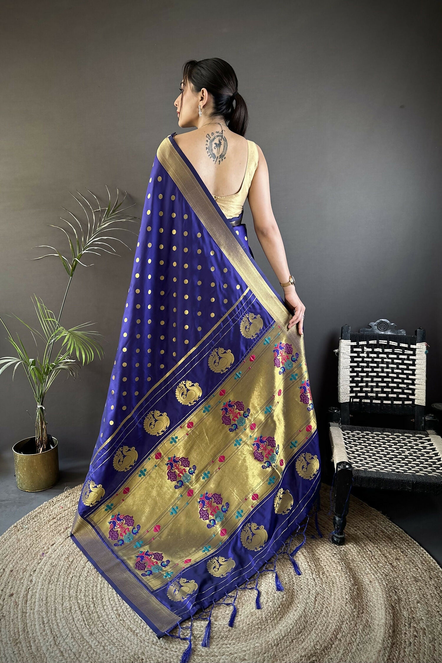 Joban Fashion Royal Blue Polka Dot Lichi Silk Paithani Silk Saree | Grocsy