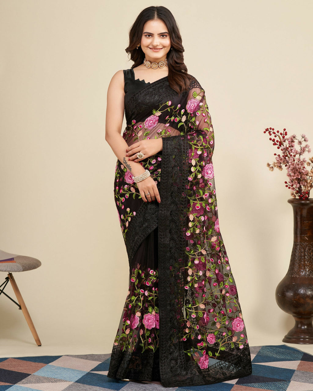 Teeya Creation Womens Latest Stylish Party Wear Soft Net Saree-Black | Grocsy