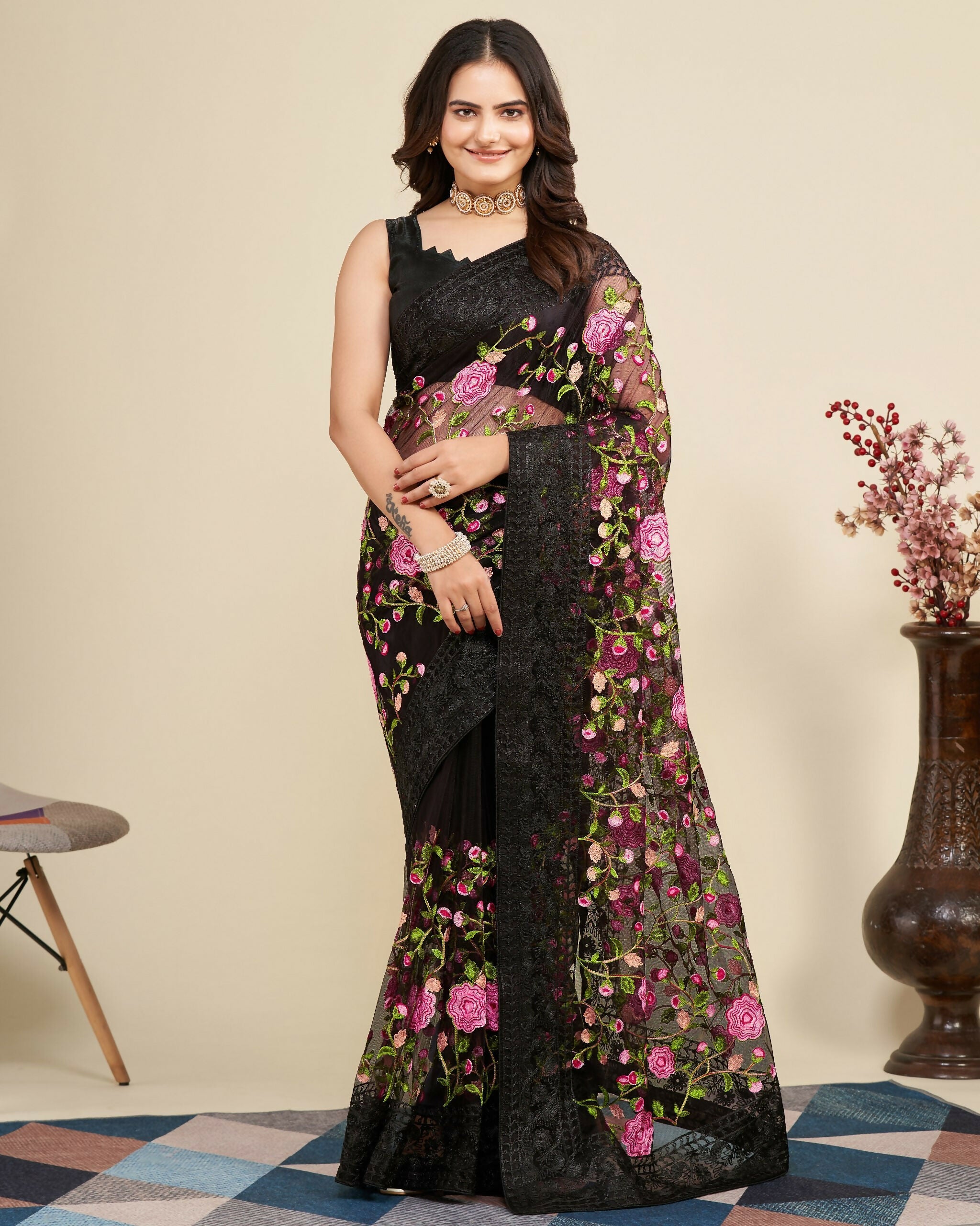 Teeya Creation Womens Latest Stylish Party Wear Soft Net Saree-Black | Grocsy