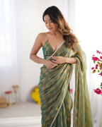 NC Chiffon Chex Wevon Chex Designer, Lace Party Wear Saree - Green | Grocsy