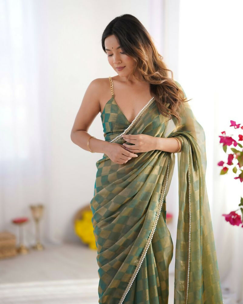 NC Chiffon Chex Wevon Chex Designer, Lace Party Wear Saree - Green | Grocsy