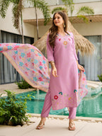 The52 Lavender Women's Gorgeous Embroidered work Viscose Gadhwal Fabric Straight Kurta, Pant and Dupatta Set | Grocsy
