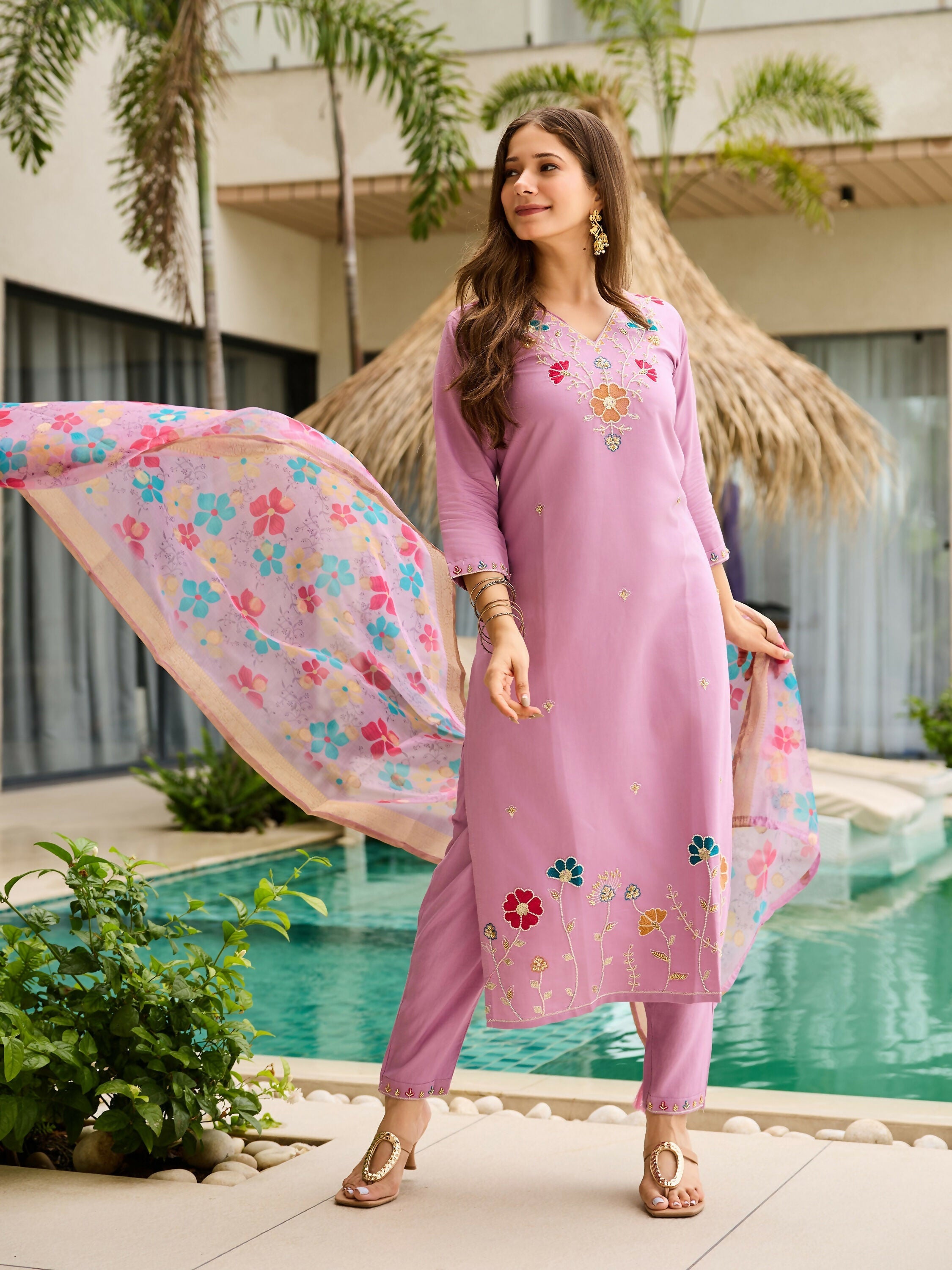 The52 Lavender Women's Gorgeous Embroidered work Viscose Gadhwal Fabric Straight Kurta, Pant and Dupatta Set | Grocsy