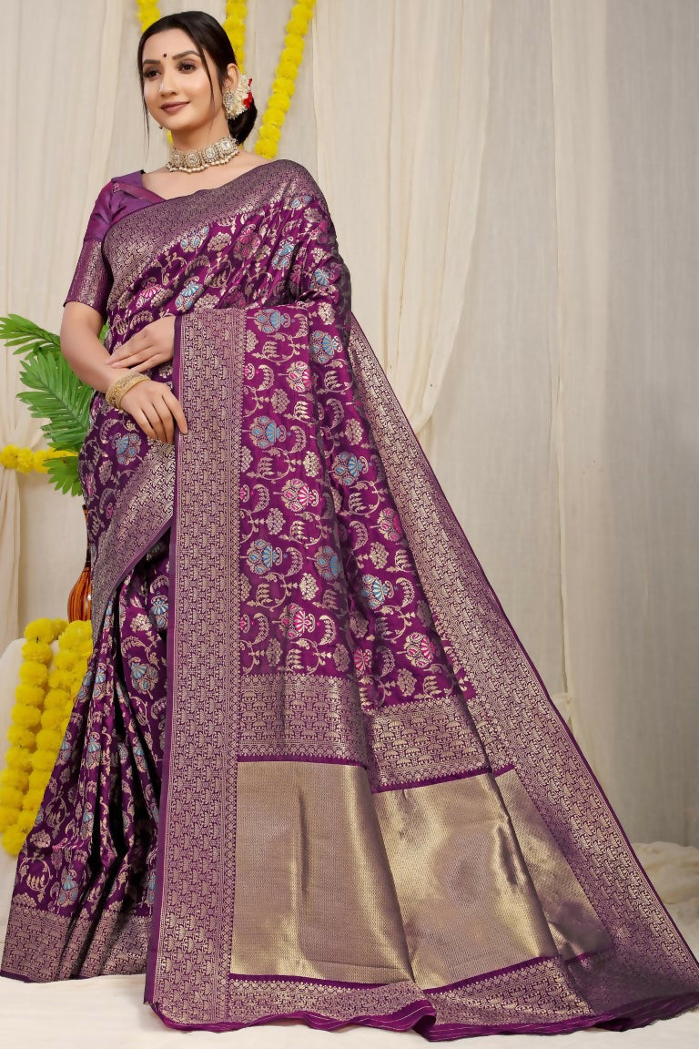 Jyoti Fashion Women's Wine Kanjivaram Silk Zari Woven Saree with Blouse | Grocsy