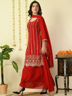 Myshka Women's Red Georgette Kurta & Skirt With Dupatta Party Sets | Grocsy