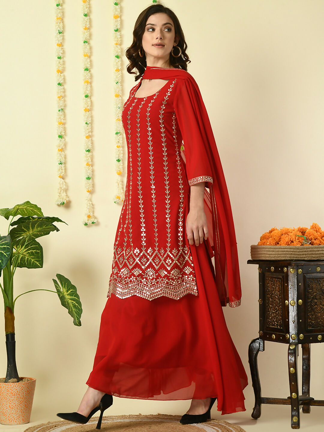 Myshka Women's Red Georgette Kurta & Skirt With Dupatta Party Sets | Grocsy