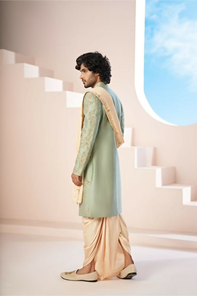 Majestic Mint Green Dupion Silk Sherwani With Satin Dhoti & Santone Dupatta by Hilo Design | Grocsy