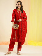 Red Chinon Embroidered Straight Kurta with Trouser & Dupatta - Salimar | Grocsy