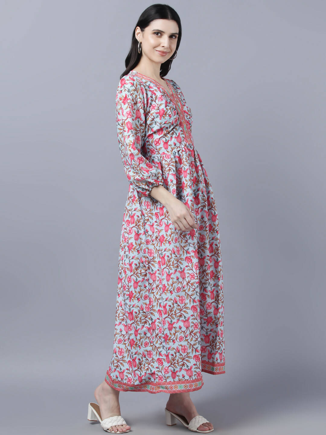 Myshka Women Red Printed Pure Cotton Maxi Dress | Grocsy