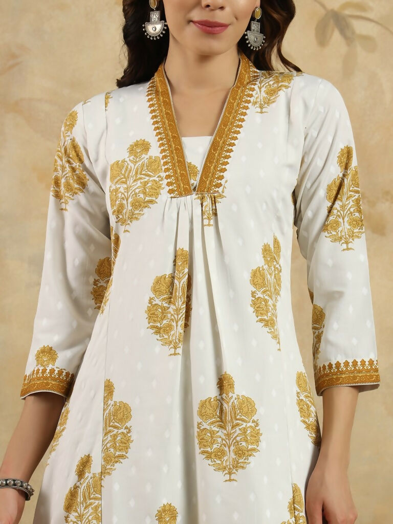 Yellow Cotton Blend Printed Anarkali Suit with Dupatta - Rashmika | Grocsy