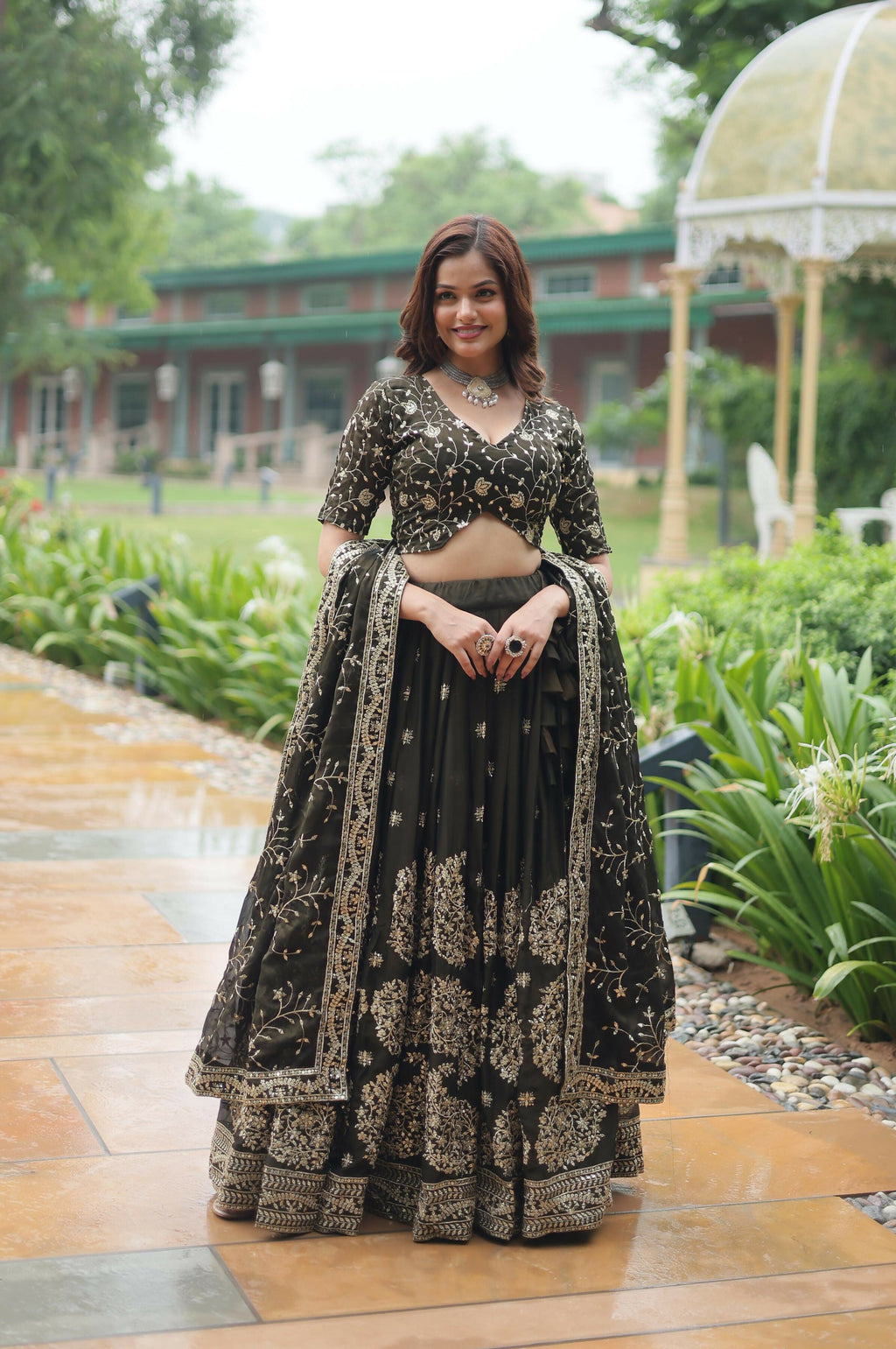 Lorenvalley Mahendi Rangoli Silk Heavy Sequins & Thread Embroidered work Lehenga Choli | Grocsy